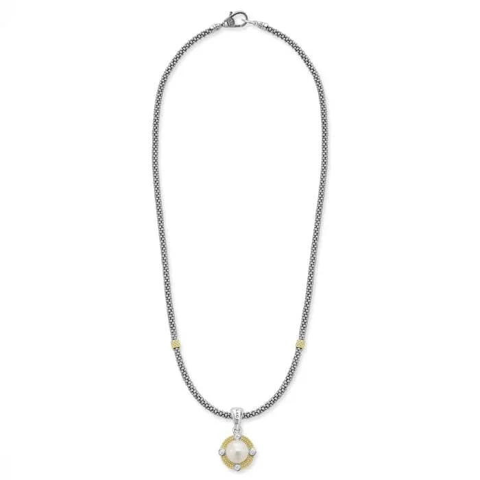 women's zodiac necklaces -LAGOS Pearl and Diamond Caviar Pendant Necklace in Sterling Silver and 18K Yellow Gold