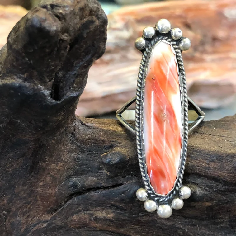 women's unique rings for her -Sterling Silver & Spiny Oyster Navajo Long Ring Size 9