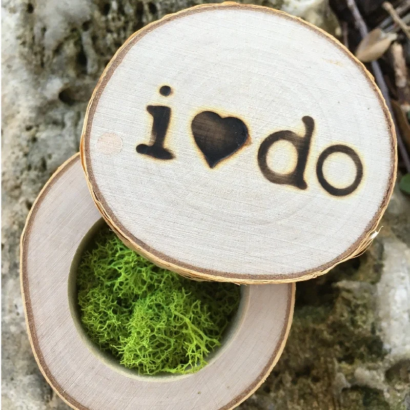 women's gold-plated rings -Birch Wood Ring Box - 'I Do'