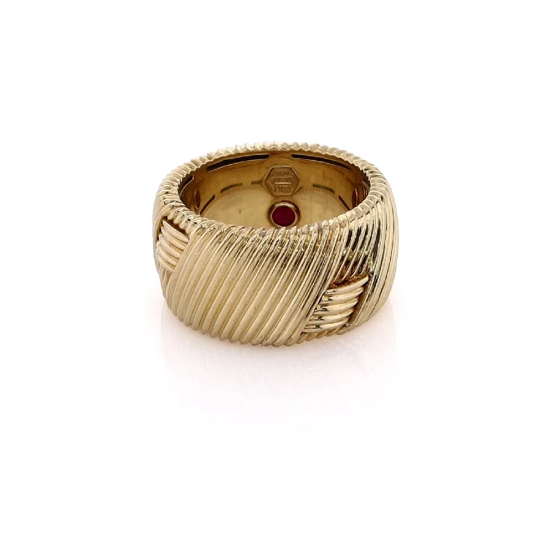 women's moonstone rings -Estate Roberto Coin 18 Karat Yellow Gold 11.8mm Wide Ribbed Woven Design Ruby Ring