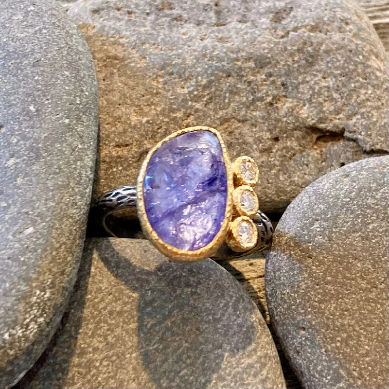 women's wedding sets with diamonds -One of a Kind Faceted Tanzanite in 18K Gold Etched Sterling Silver Ring with Diamonds