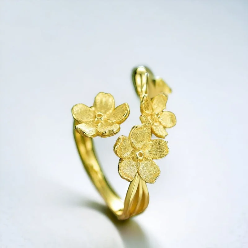 women's silver wedding bands -Gold Plated Plum Adjustable Flower Rings For Women & Girls