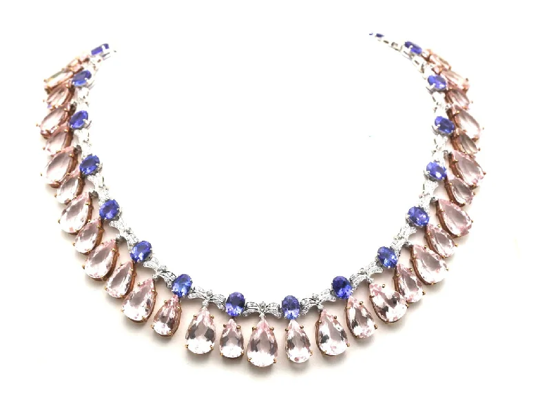 women's matching pendant necklaces -Morganite, Tanzanite And Diamond Necklace In 18K Rose Gold / White Gold