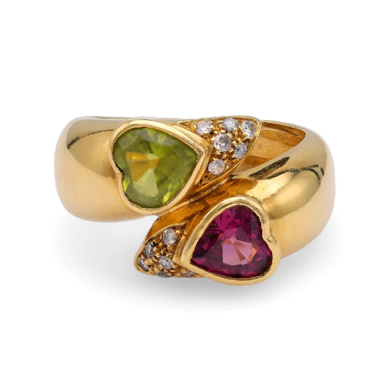 women's creative necklaces -Heart Shaped Peridot and Rubellite Diamond Yellow Gold Bypass Ring