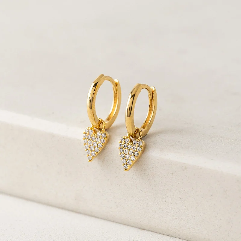 women's diamond earrings -Gold Plated Flutter Heart Huggie Drop Hoop Earrings