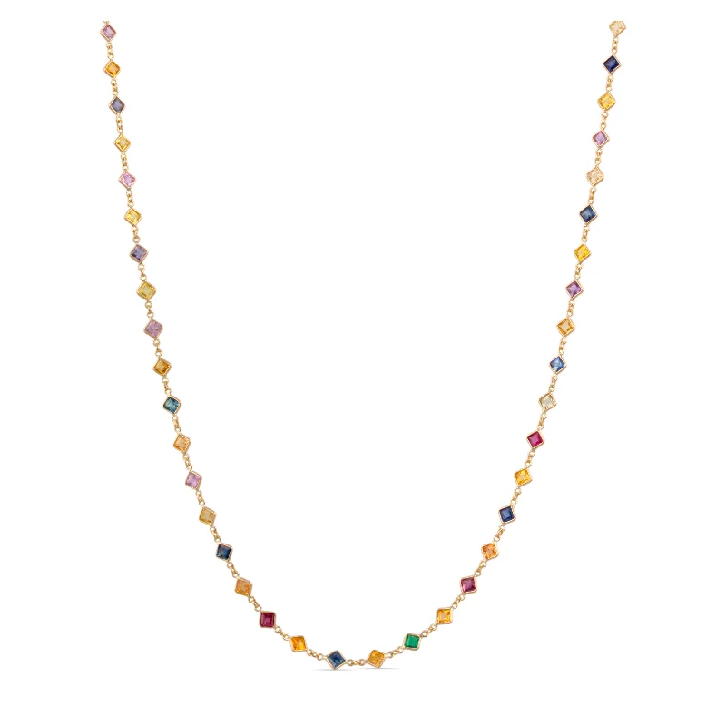 women's shell necklaces -Multi Sapphire Princess Cut Link to Link Necklace In 18K Yellow Gold