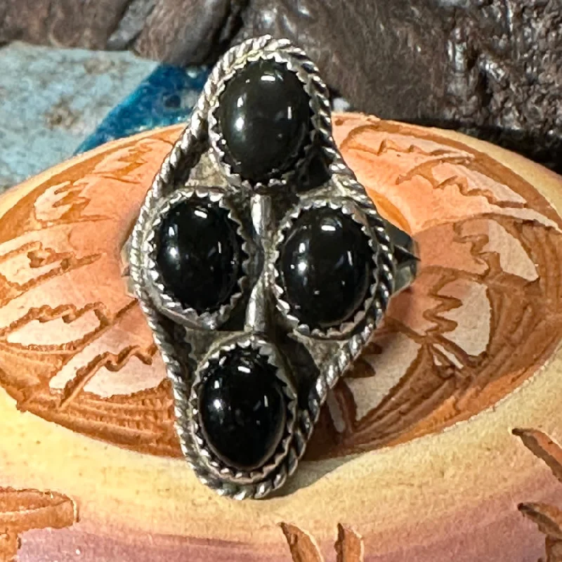 women's round-cut diamond rings -Vintage Southwestern Sterling Silver 4 Stone Onyx Ring Size 6 3/4