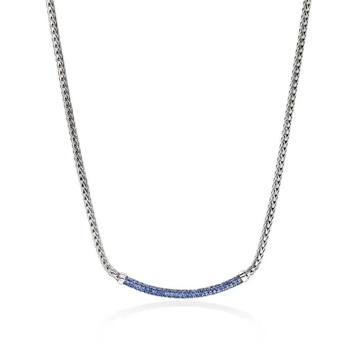 women's beach-themed necklaces -John Hardy Blue Sapphire Essential Pavé Bar Necklace in Sterling Silver