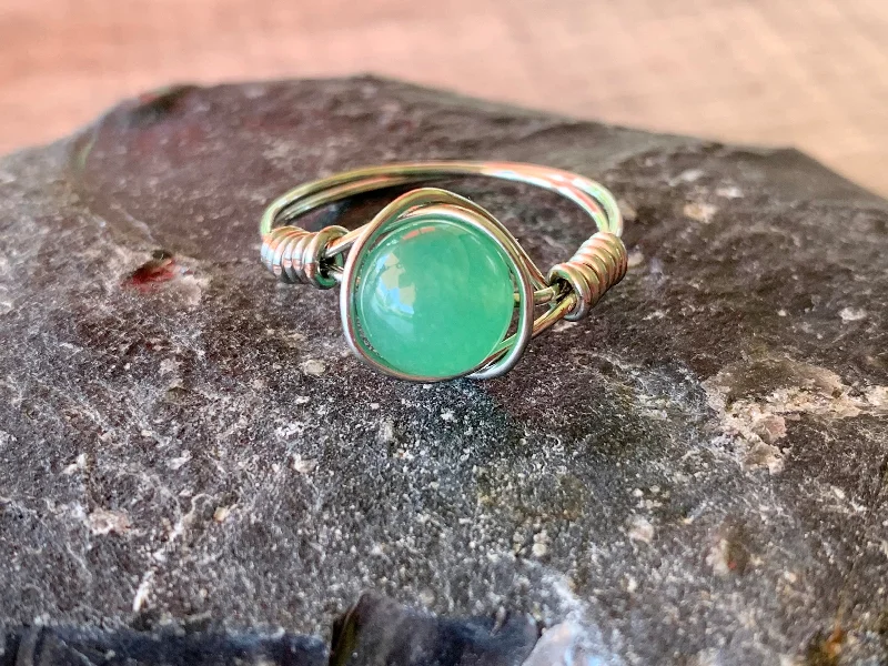 women's adjustable rings -Judith Handmade Green Aventurine Wire Wrapped Ring Size 6