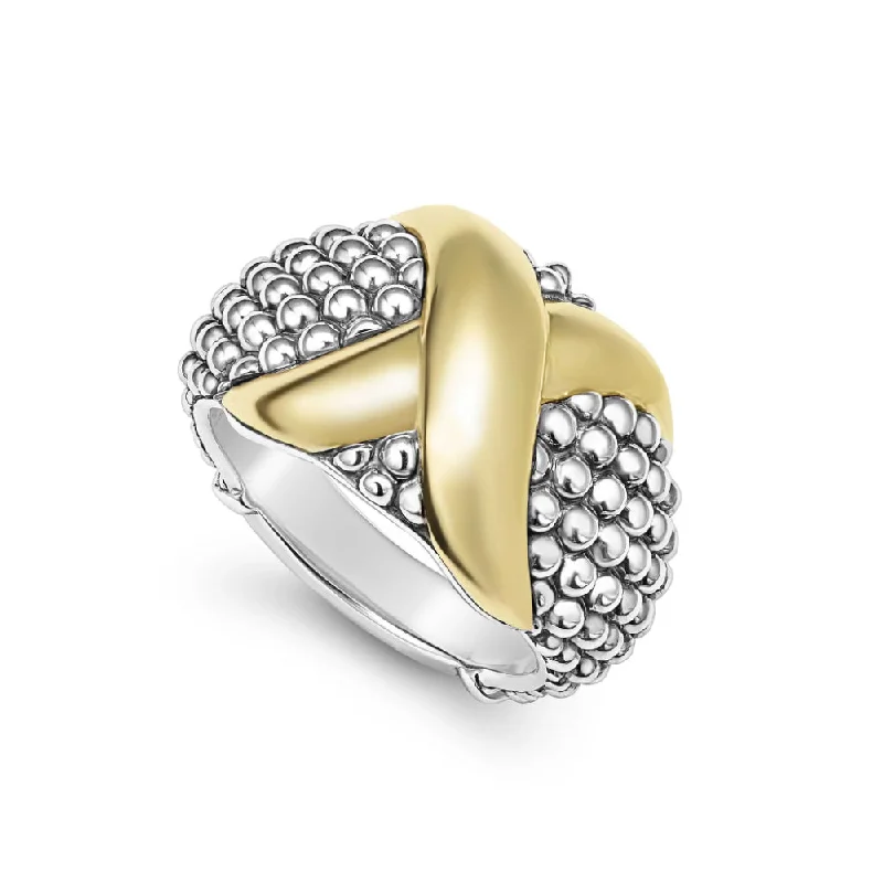 women's sterling silver rings -Lagos Embrace Two-Tone X Caviar Dome Ring