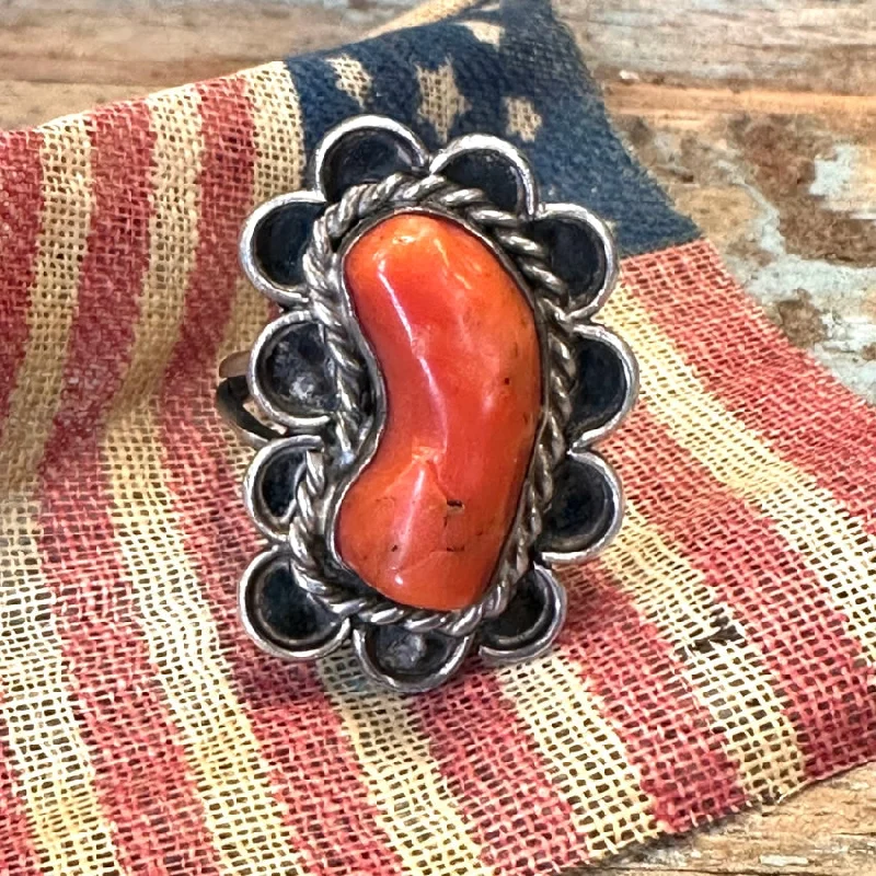 women's polished rings -Vintage Navajo Sterling Silver Red Coral Ring Size 7.5