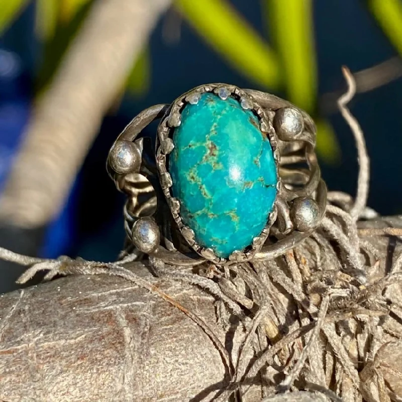 women's luxury rings -Vintage Handmade Sterling Silver Ring Natural Turquoise 7.25