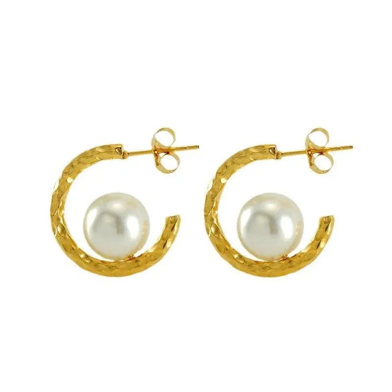 women's rose gold earrings -Gold Hoop Earrings with Simulated Pearl – Modern Geometric Drop Earrings