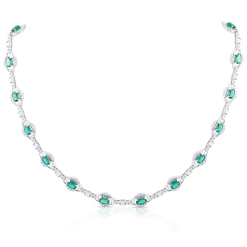 women's leather necklaces -Emerald Oval & Diamond Necklace In 18K White Gold