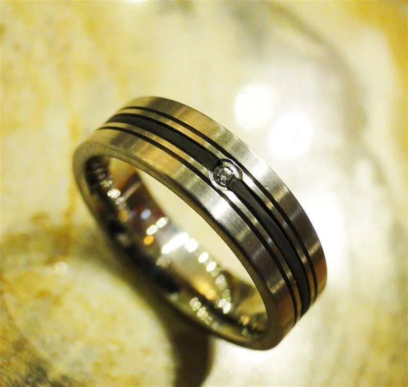 women's gold-plated rings -Stainless Steel and Rubber Inlay Ring with Diamond