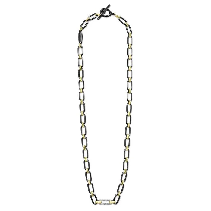 women's holiday necklaces -LAGOS 18" Signature Caviar Diamond Link Black Ceramic Toggle Necklace in 18K Yellow Gold