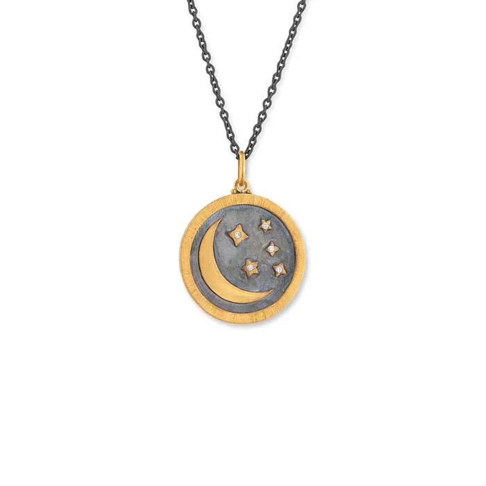 women's anniversary necklaces -Lika Behar Half Moon and Stars Pendant Necklace with Diamonds in 24K Yellow Gold and Oxidized Sterling Silver