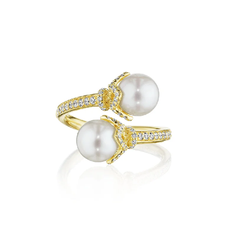 women's stackable rings -Verragio 18k Petal Cap Pearl Bypass Ring