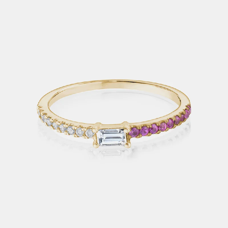 women's fashion rings -Half Diamond Half Pink Sapphire Baguette Ring