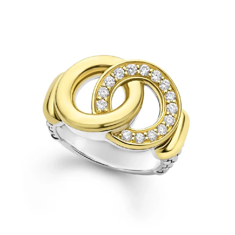 women's statement cocktail rings -Lagos Signature Caviar Two-Tone Interlocking Diamond Statement Ring