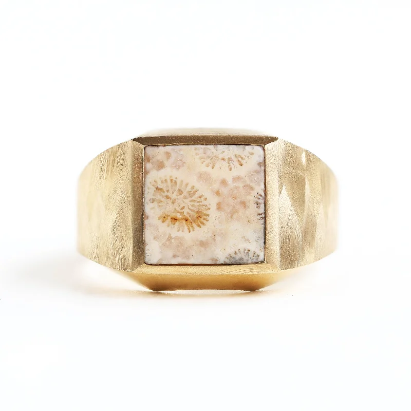 women's modern design necklaces -Keanu signet ring with fossilized coral