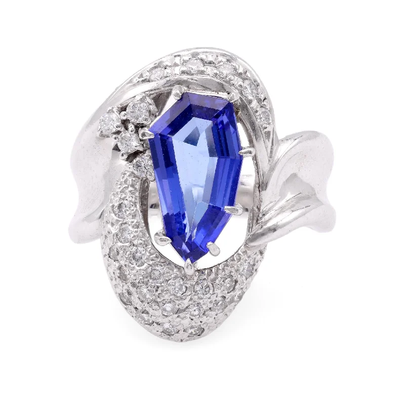 women's halo necklaces -Modern 2.31 Carat Coffin Step Cut Tanzanite Diamond Platinum Cocktail Ring