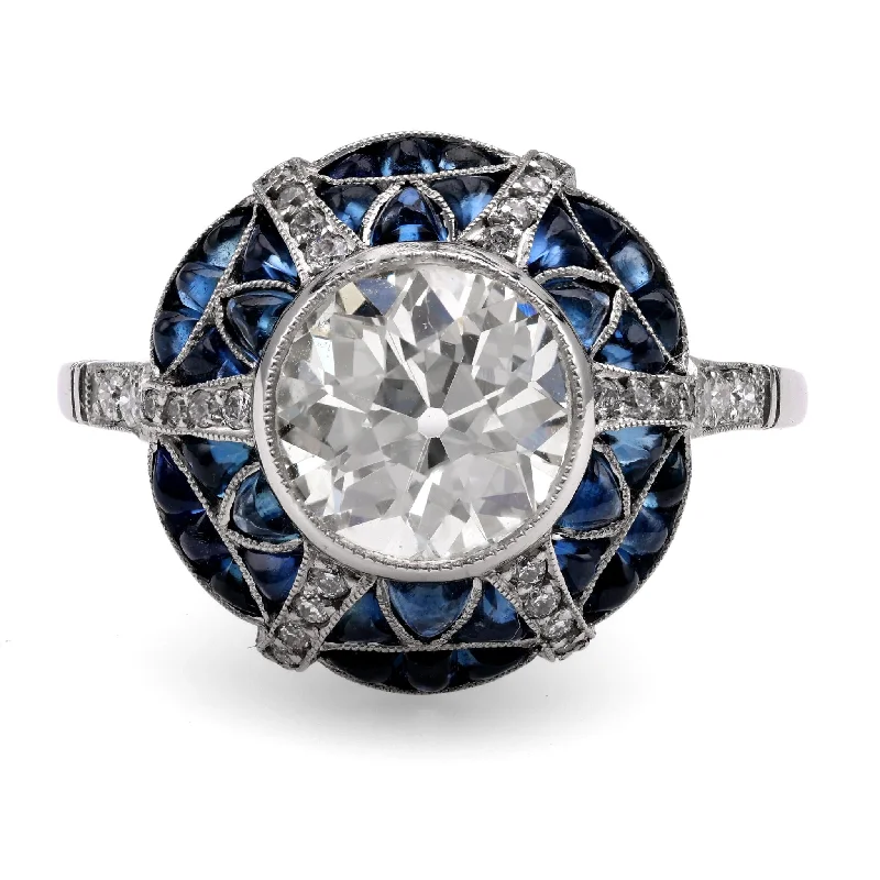 women's art deco necklaces -Art Deco Inspired 1.46 Carat Diamond Sapphire Platinum Target Ring