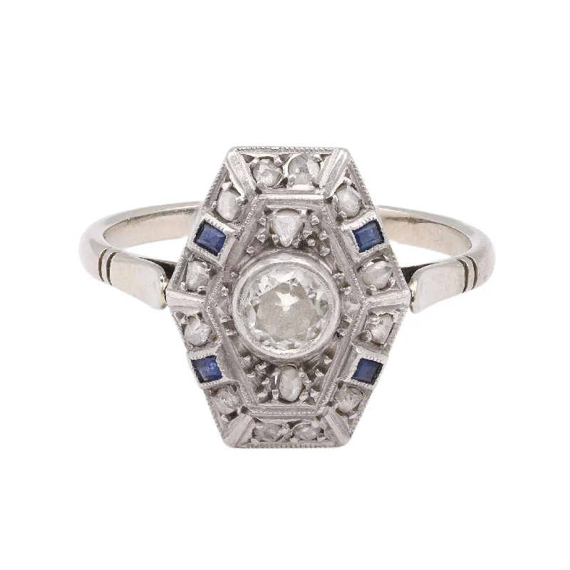 women's wedding anniversary necklaces -Art Deco Old European Cut Diamond Sapphire 18k White Gold Shield Ring