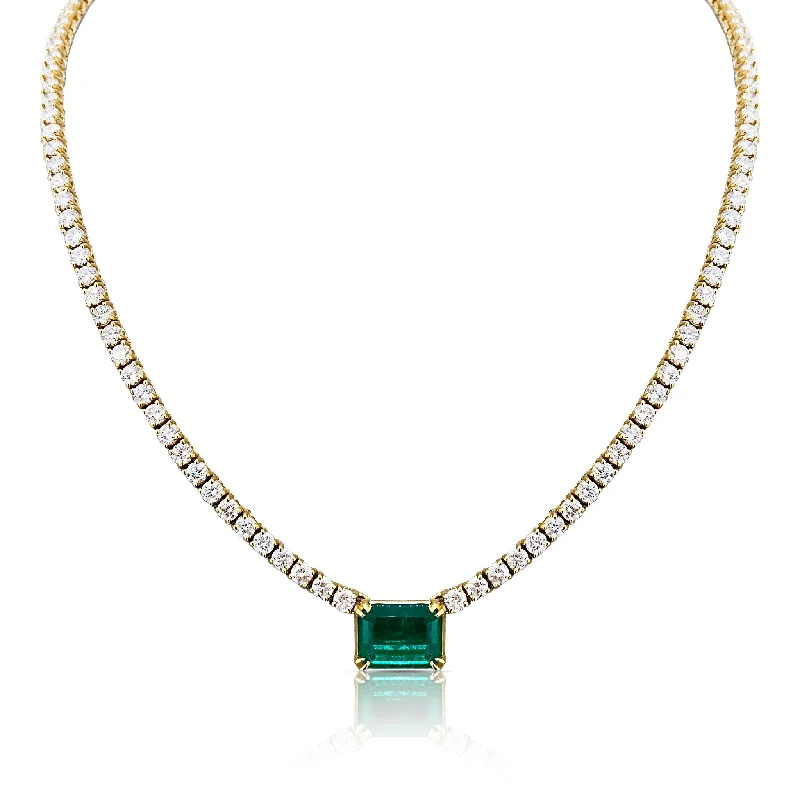 women's designer necklaces -Emerald & Diamond Tennis Necklace In 18K Yellow Gold