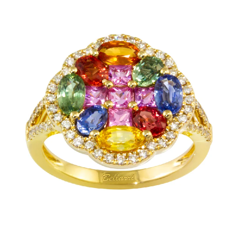 women's sterling silver rings -Bellarri Princessa 14k Gold Diamond & Multicolor Sapphire Ring