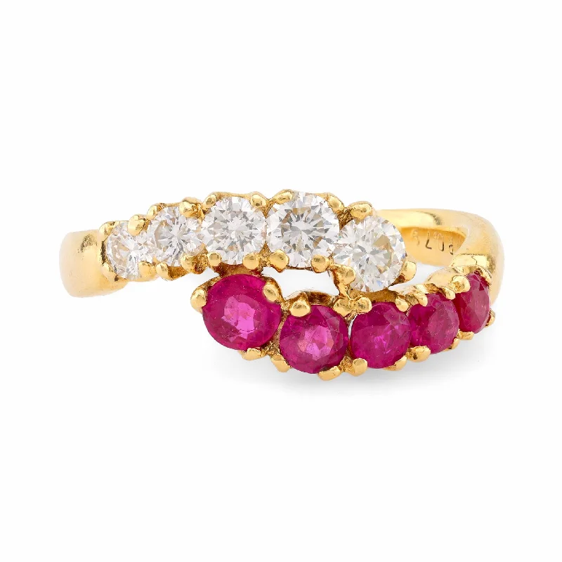 women's minimalist gold necklaces -Vintage Ruby Diamond 18K Yellow Gold Bypass Ring