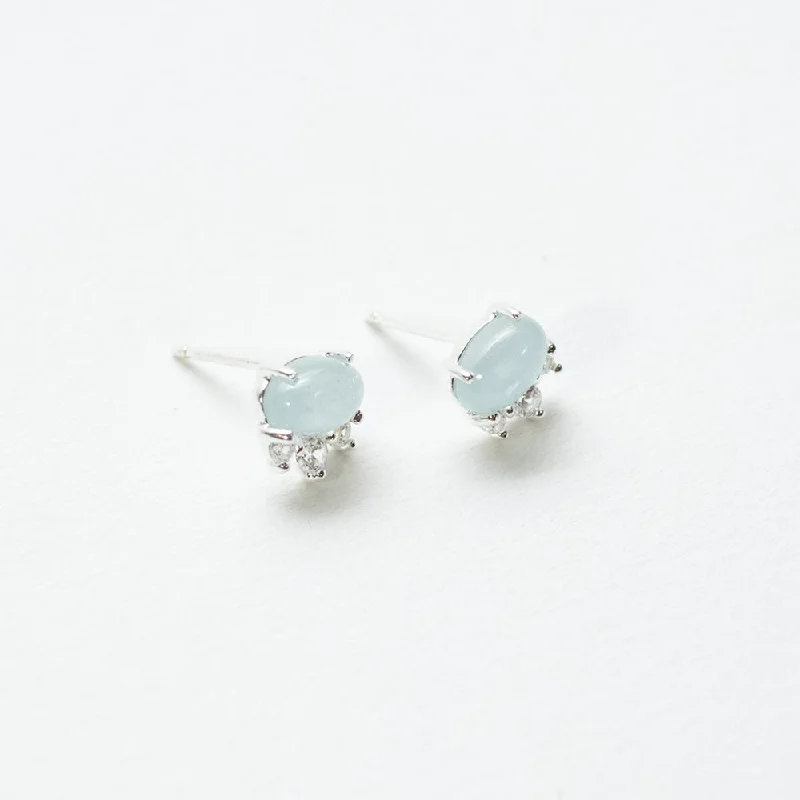 women's long dangling earrings -Oval Aquamarine & CZ Silver Studs