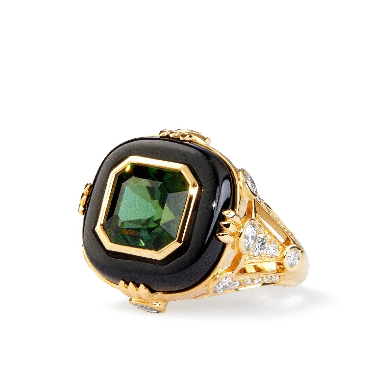 women's diamond promise rings -Green Tourmaline Black Onyx Ring