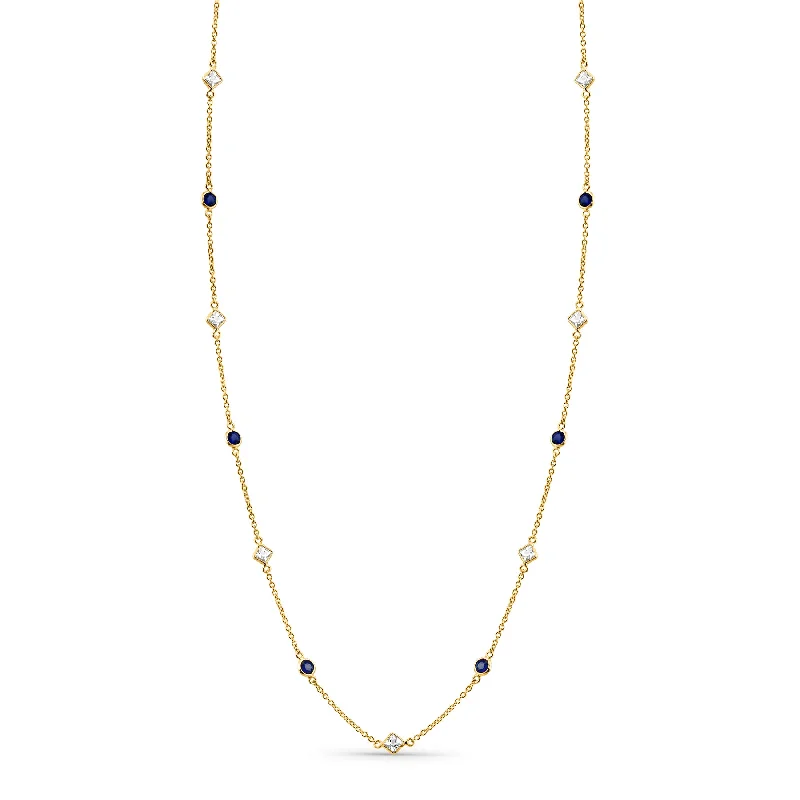 women's simple chain necklaces -White Sapphire Square & Blue Sapphire Round Necklace In 18K Yellow Gold