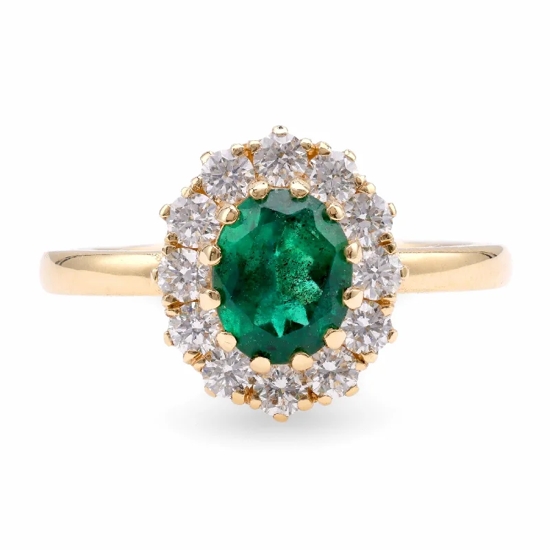 women's bridal necklaces -Vintage Inspired Emerald Diamond 18K Yellow Gold Ring Cluster Ring