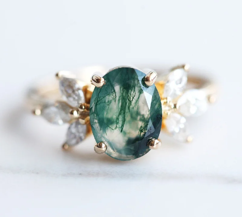 women's luxury statement necklaces -Olly Oval Moss Agate Ring with Diamond Accents