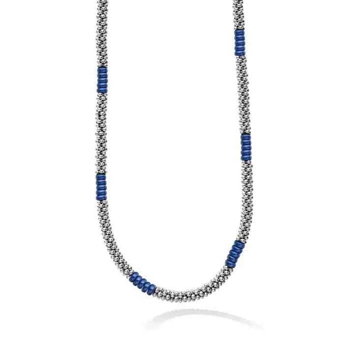 women's geometric pendant necklaces -LAGOS Beaded Necklace with Ultramarine Blue Ceramic Stations in Sterling Silver