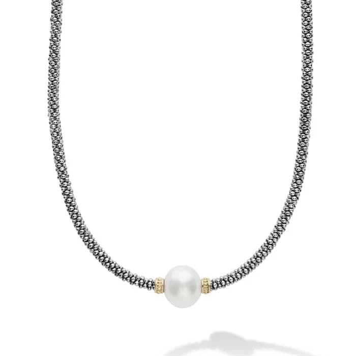 women's round pendant necklaces -LAGOS 16" FWCP Luna Pearl Necklace in Sterling Silver and 18K Yellow Gold