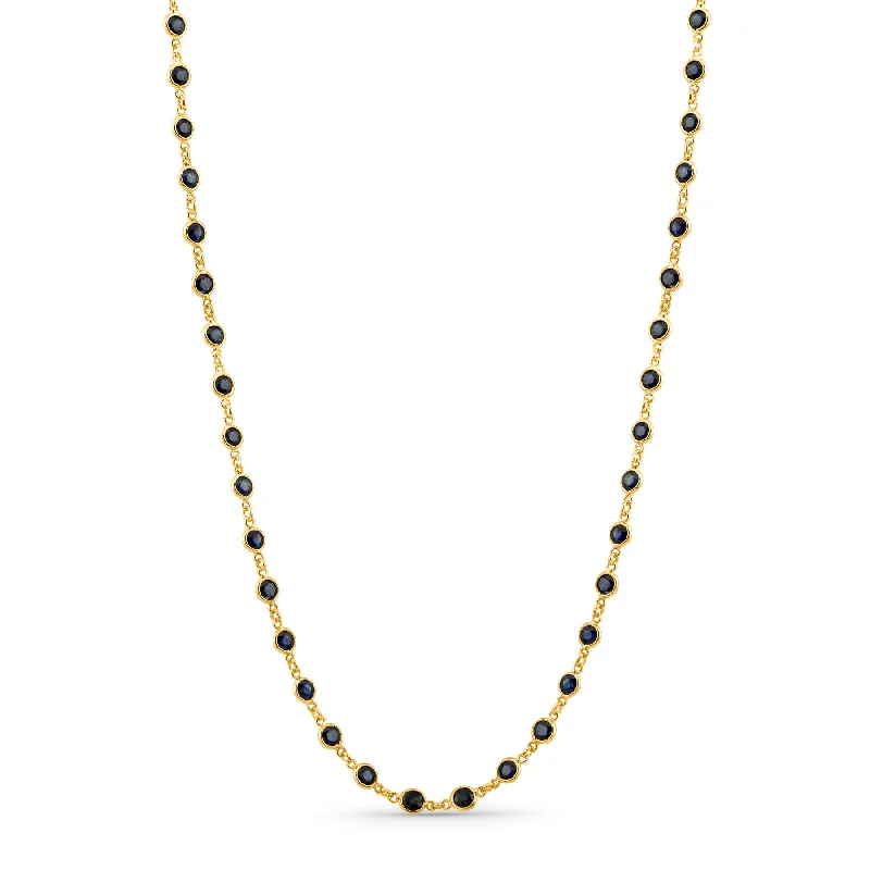 women's colored gemstone necklaces -Blue Sapphire Round Link to Link Necklace In 18K Yellow Gold