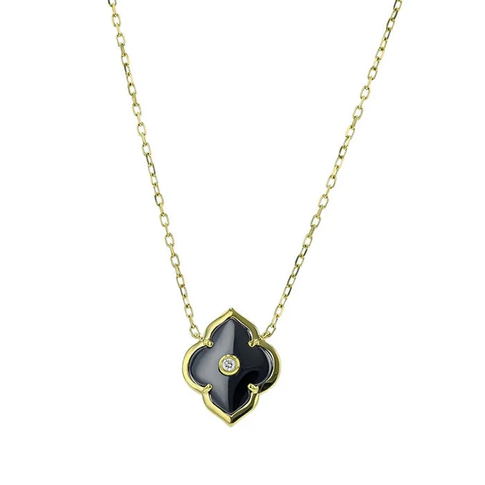 women's layered necklaces -Charles Krypell Hematite and Diamond Petite Les Fleurs Pendant Necklace in 18K Yellow Gold