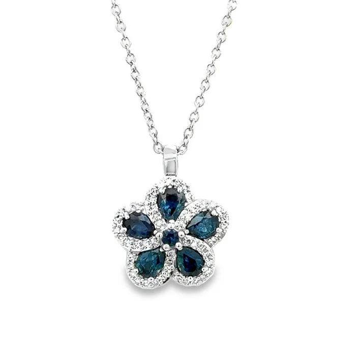 women's heart-shaped necklaces -Mountz Collection Sapphire and Diamond Flower Pendant Necklace in 14K White Gold