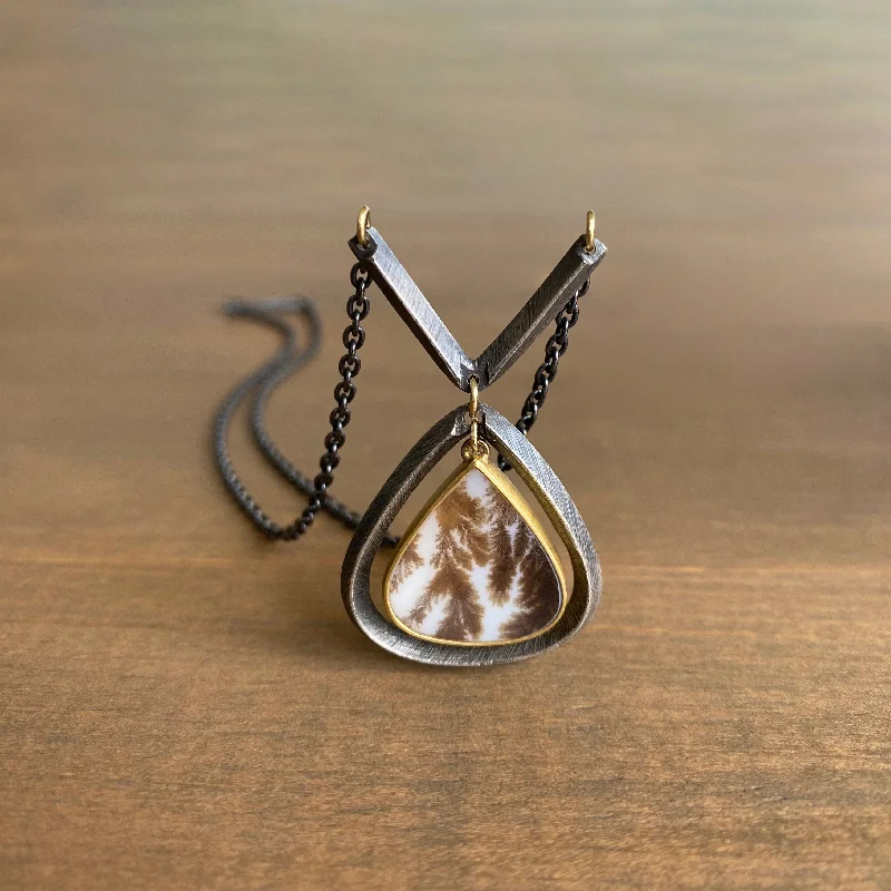 women's spiritual crystal necklaces -Carved Frame Dendritic Agate Teardrop Necklace