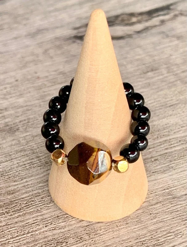 women's solitaire rings -🔴SOLD🔴 Sparky Handmade Black Tourmaline and Tiger's Eye Expandable Ring