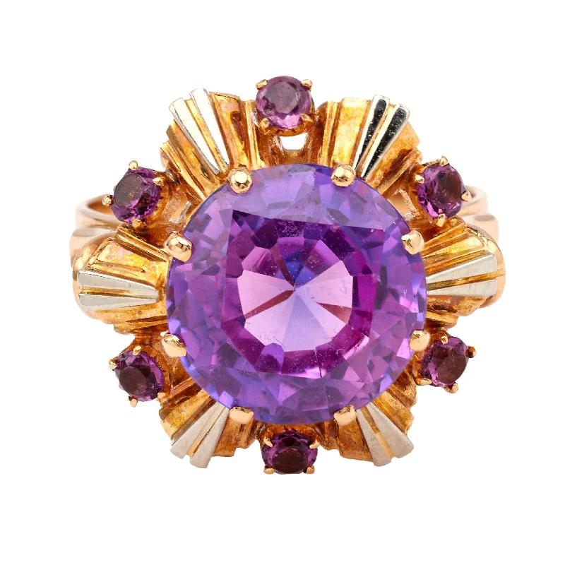 women's heart-shaped necklaces -Vintage French Reddish Purple Synthetic Sapphire 18k Yellow Gold Cocktail Ring