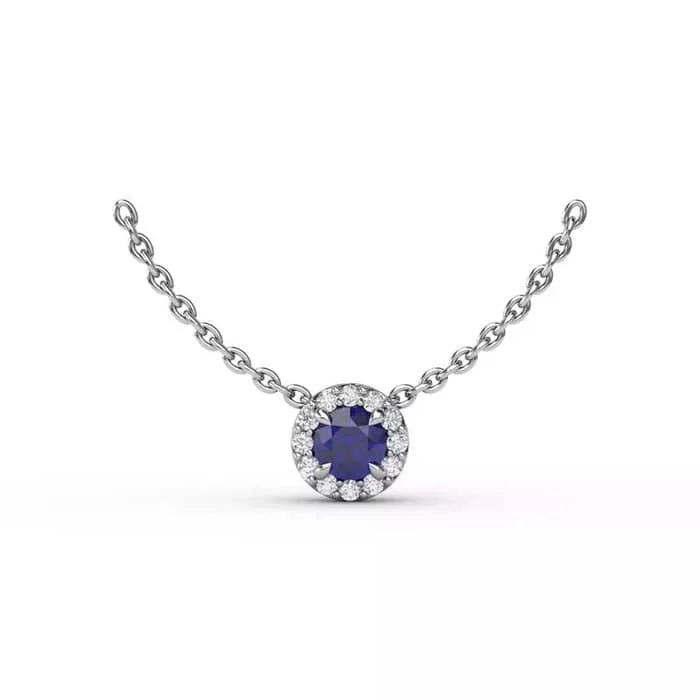 women's diamond-studded necklaces -Fana Sapphire and Diamond Halo Pendant Necklace in 14K White Gold