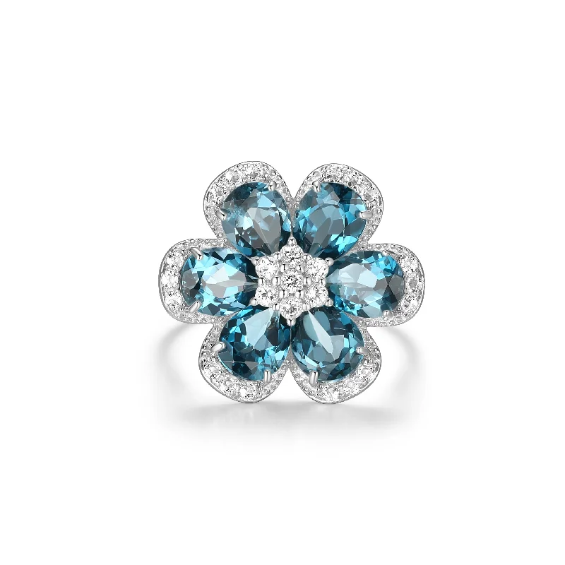 women's triple-stone rings -Sterling Silver Blue and White Topaz Flower Ring