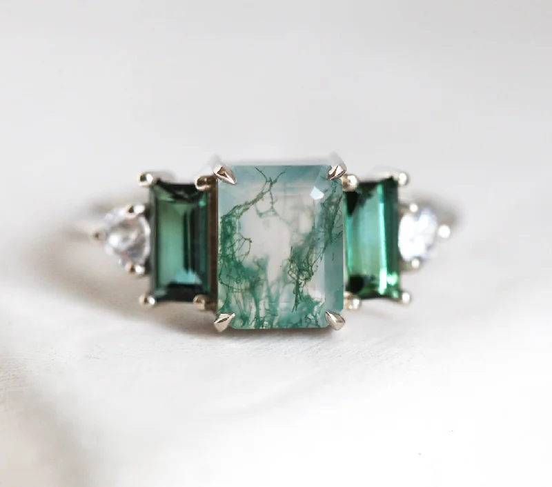 women's trendy necklaces -Victoria Emerald Cut Moss Agate Ring With Accent Stones