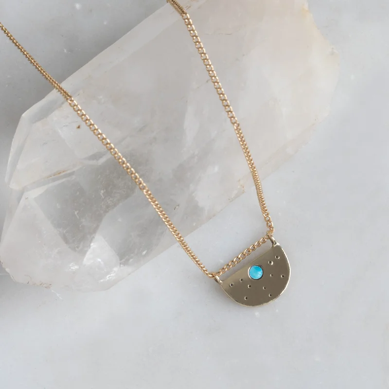 women's designer crystal necklaces -The Turquoise Half Moon Stardust Necklace | 14K Yellow Gold