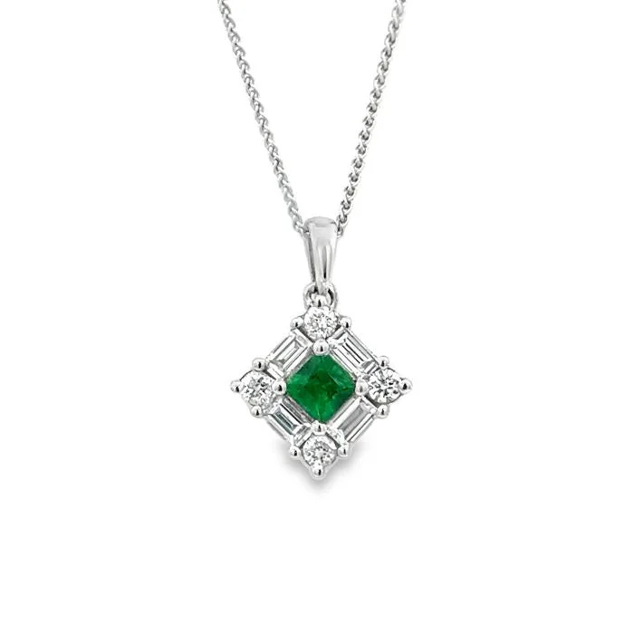 women's delicate necklaces -Mountz Collection Emerald and Diamond Pendant Necklace in 14K White Gold