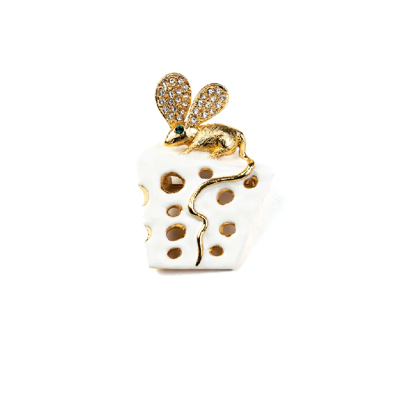 women's personalized rings -Ivory Enamel Cheese Pin Featuring Gold Mouse with Crystal Ears